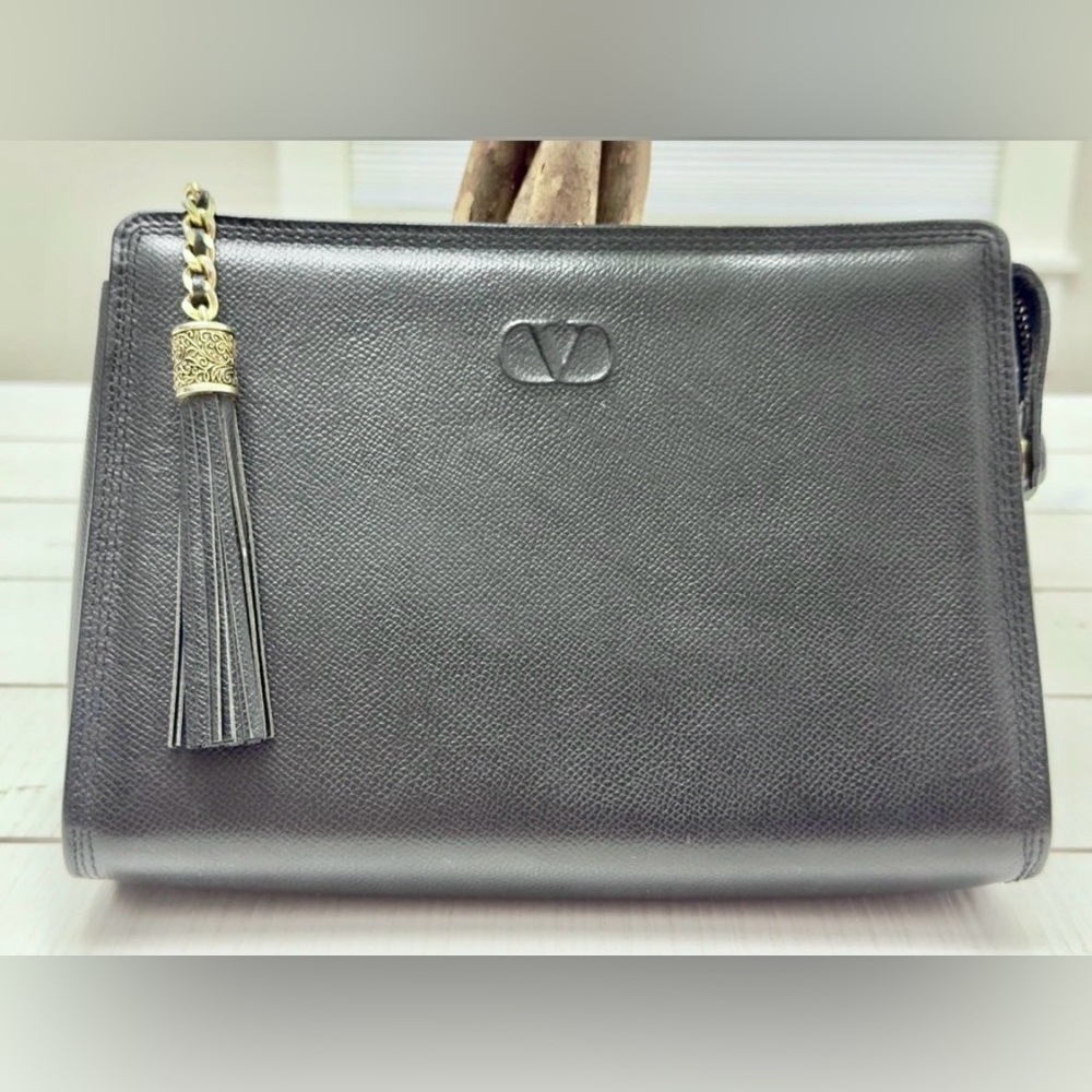 New Vintage VLTN Black Leather Clutch w Tassel - Picture 11 of 11